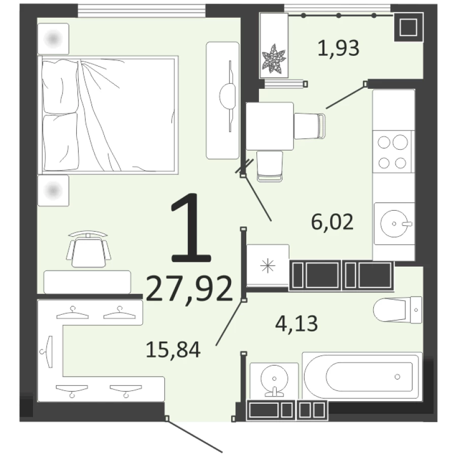 1-ая квартира  27,92 м2 с потолками высотой 2.7 метров